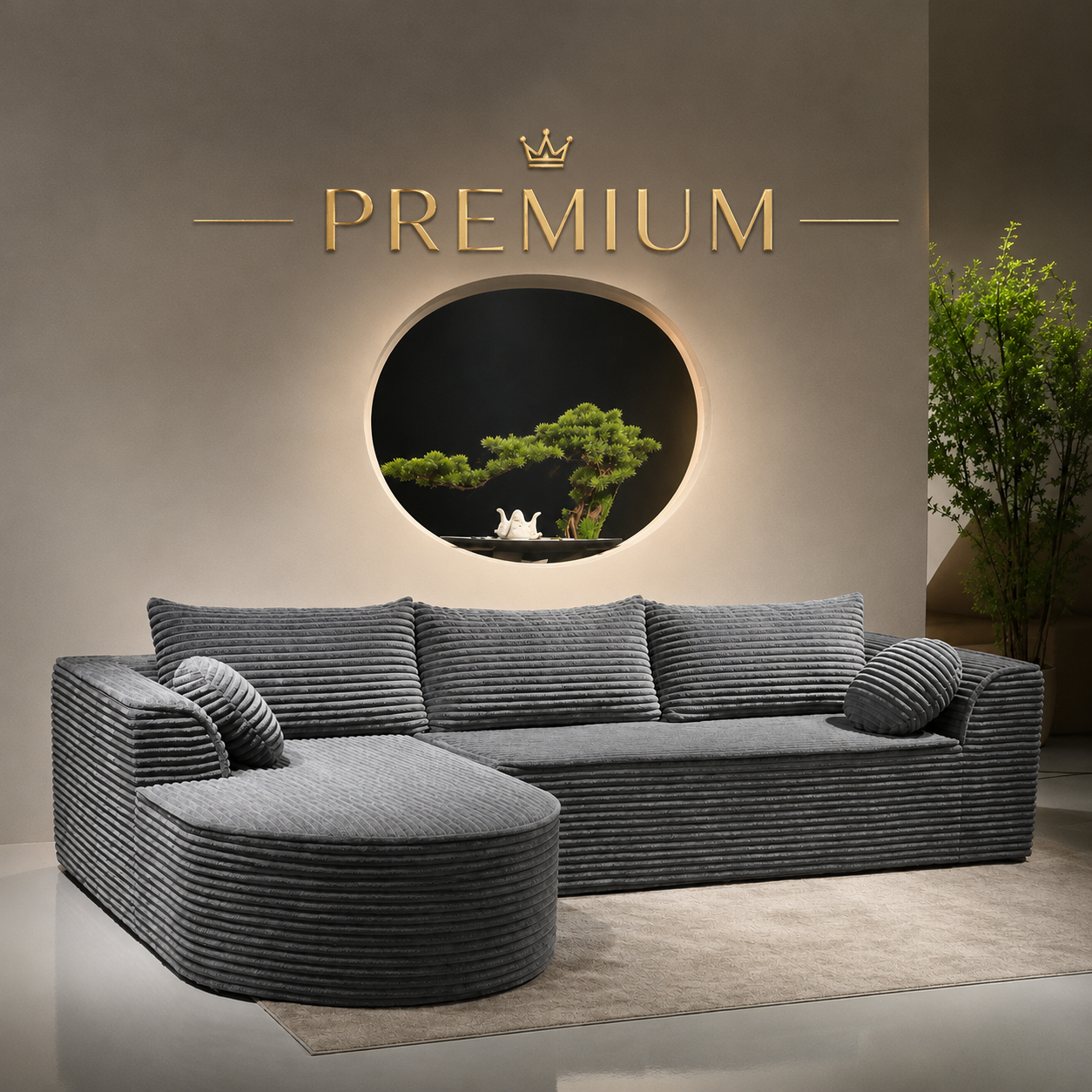 Canapea Tip Coltar, MEMORY FOAM, SUPER TRENDS, 3 Perne Mari si 2 Perne Mici, Gri, 275x175x70 cm