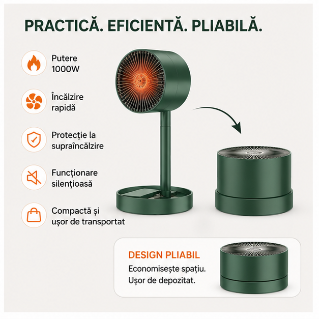 Aeroterma Electrica Pliabila 1000W, 2 Niveluri de Caldura