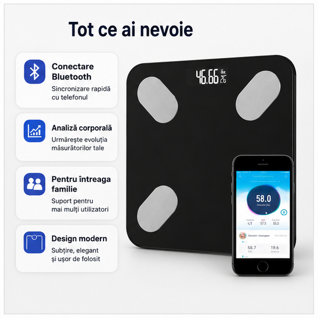 Cântar Corporal Bluetooth cu Aplicație Mobile - Monitorizare Greutate