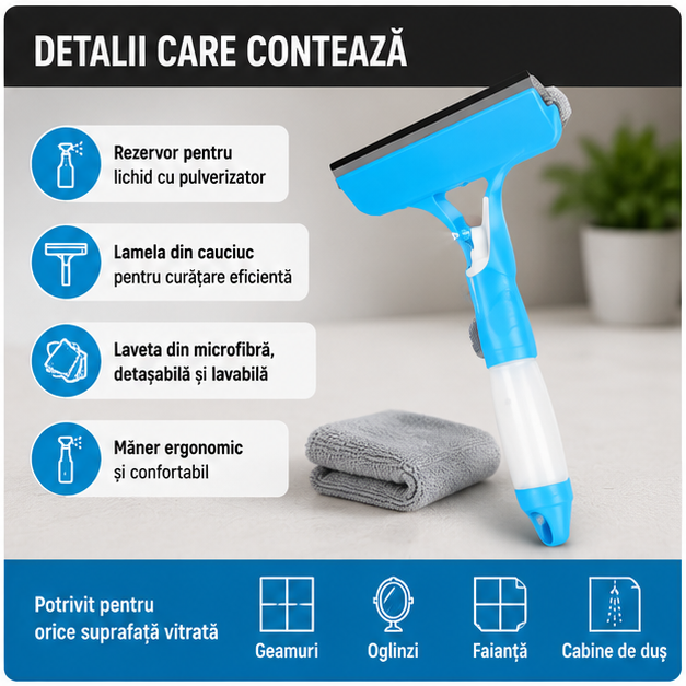 3-în-1 Curățător de Geamuri cu Pulverizator