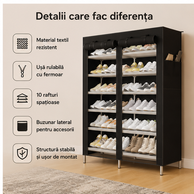 Dulap pentru Pantofi Textil 10 Rafturi 107x113x30 cm
