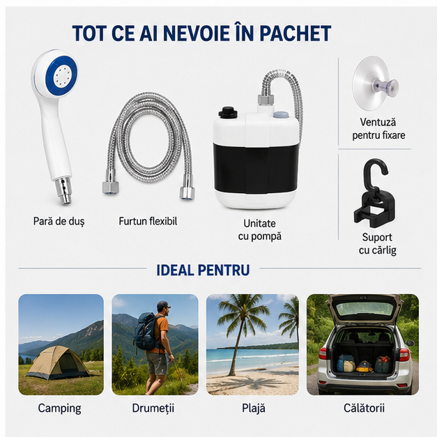 Dus Portabil pentru Camping - Compact și Ușor de Transportat