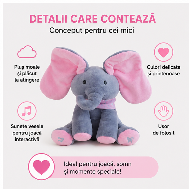 Elefant Interactiv din Pluș Roz - Vorbește, Cântă și Flutură