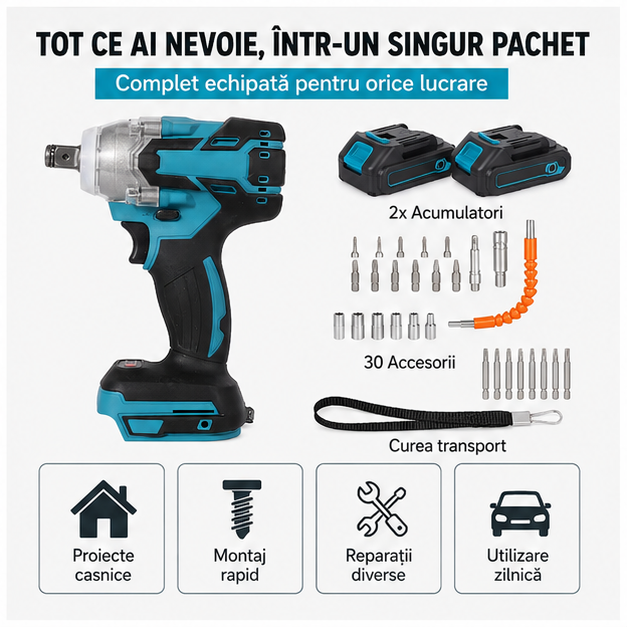 Mașină de Găurit și Înșurubare 48V cu 2 Acumulatori + 30 Accesorii