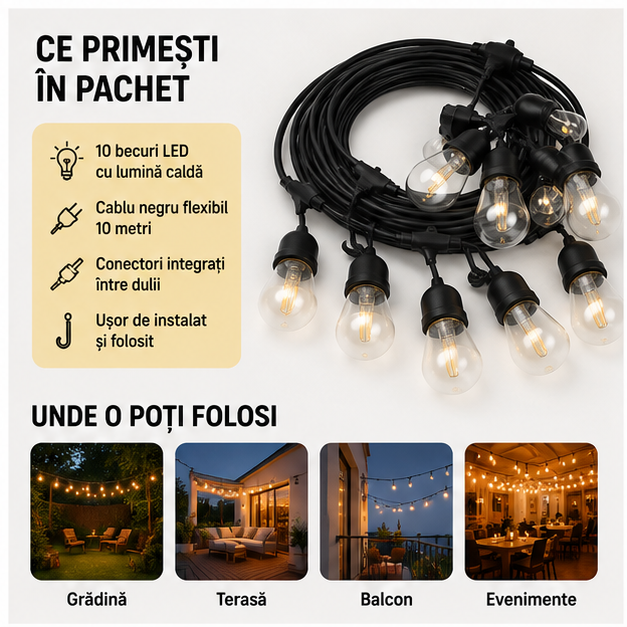 Ghirlanda Luminoasa 10 Metri cu 10 Becuri LED - Decor Exterior