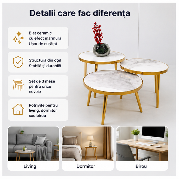 Set de 3 Mese de Servire din Oțel cu Suprafață Ceramică