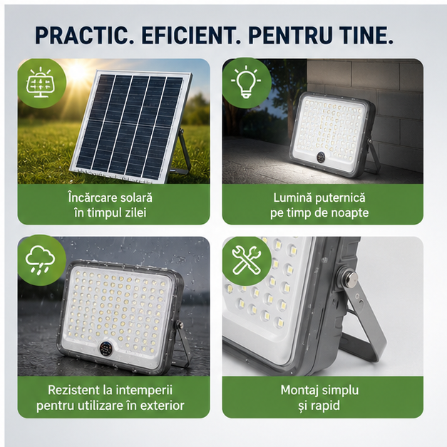 Proiector LED cu Panou Solar 100W - Lampă Portabilă pentru Camping