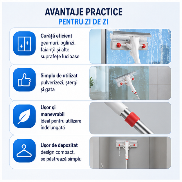 Ștergător de Geamuri cu Pulverizator - Curățare Rapidă și Ușoară