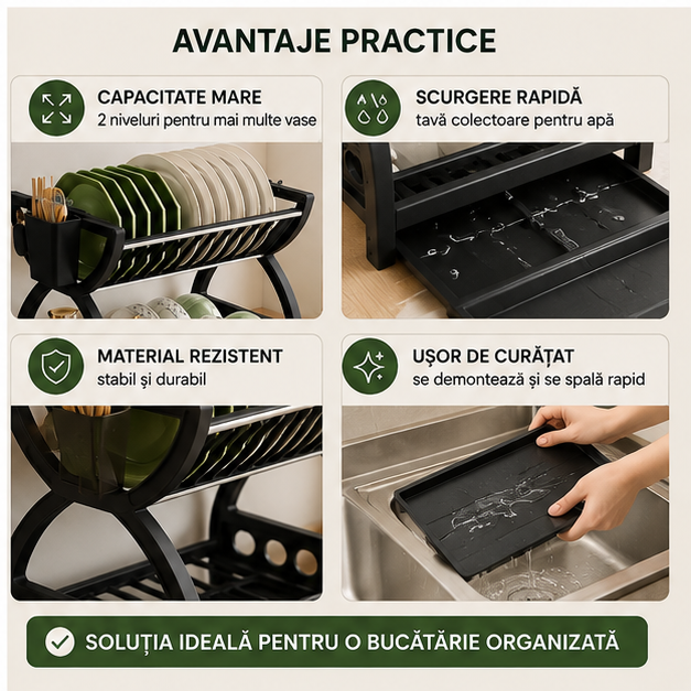 Suport de vase multifuncțional cu 2 niveluri și tavă de scurgere