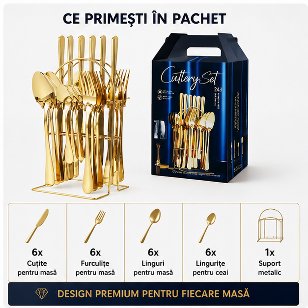 Set Tacamuri 24 Piese Otel Inoxidabil cu Suport, Design Auriu