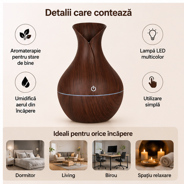 Umidificator Aromaterapie Mini cu Lampă LED Multicolor – Relaxare și Atmosferă Plăcută în Orice Încăpere