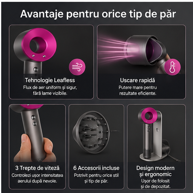 Uscator de Par 5 IN 1 Ultrasonic cu 3 Trepte Viteza Aer Cald/Rece