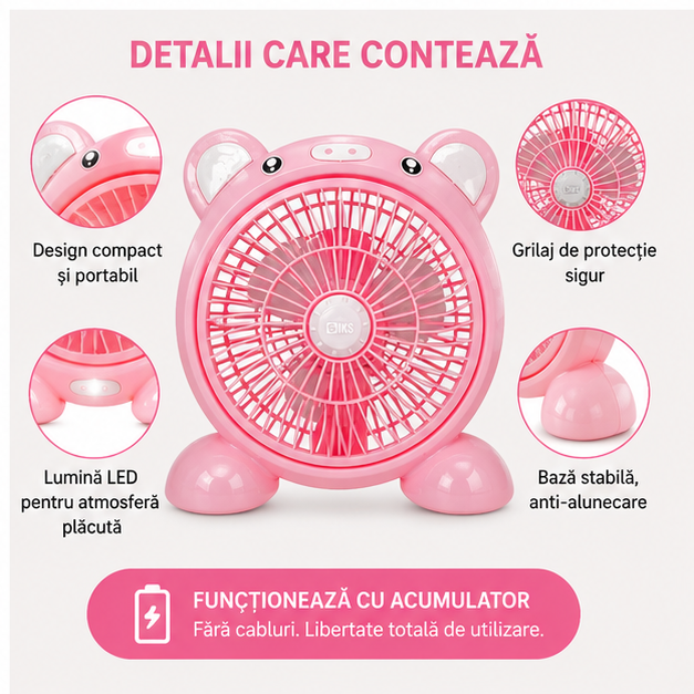 Ventilator cu Acumulator, Abur Rotativ Dublu și Lumină LED