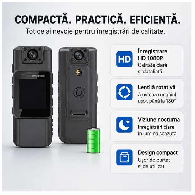 Cameră Corporală HD 1080P cu Lentilă Rotativă – Filmare Clară și Monitorizare Portabilă în Orice Situație