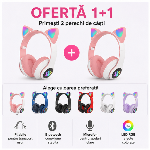 Căști Bluetooth cu Urechi de Pisică LED RGB și Microfon