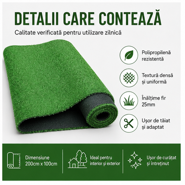 Gazon artificial, e-floor, polipripilena, vedra,inaltime 25mm, dim 200cmx100cm, verde
