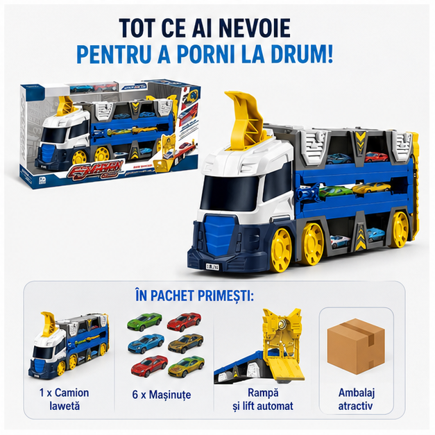 Laweta Tir Artemis, set 6 masinute, camion albastru, dim 36x15x10