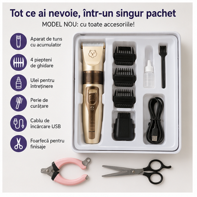 Set masina de tuns animale cu 4 accesorii de reglaj, foarfeca, pieptan, pila de unghii+cleste pentru unghii