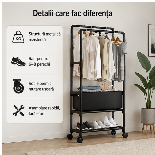 Suport 3 in 1, Spatiu pentru Depozitare, Cuier, Suport Incaltaminte, pe Cot/ 60x28x154 cm