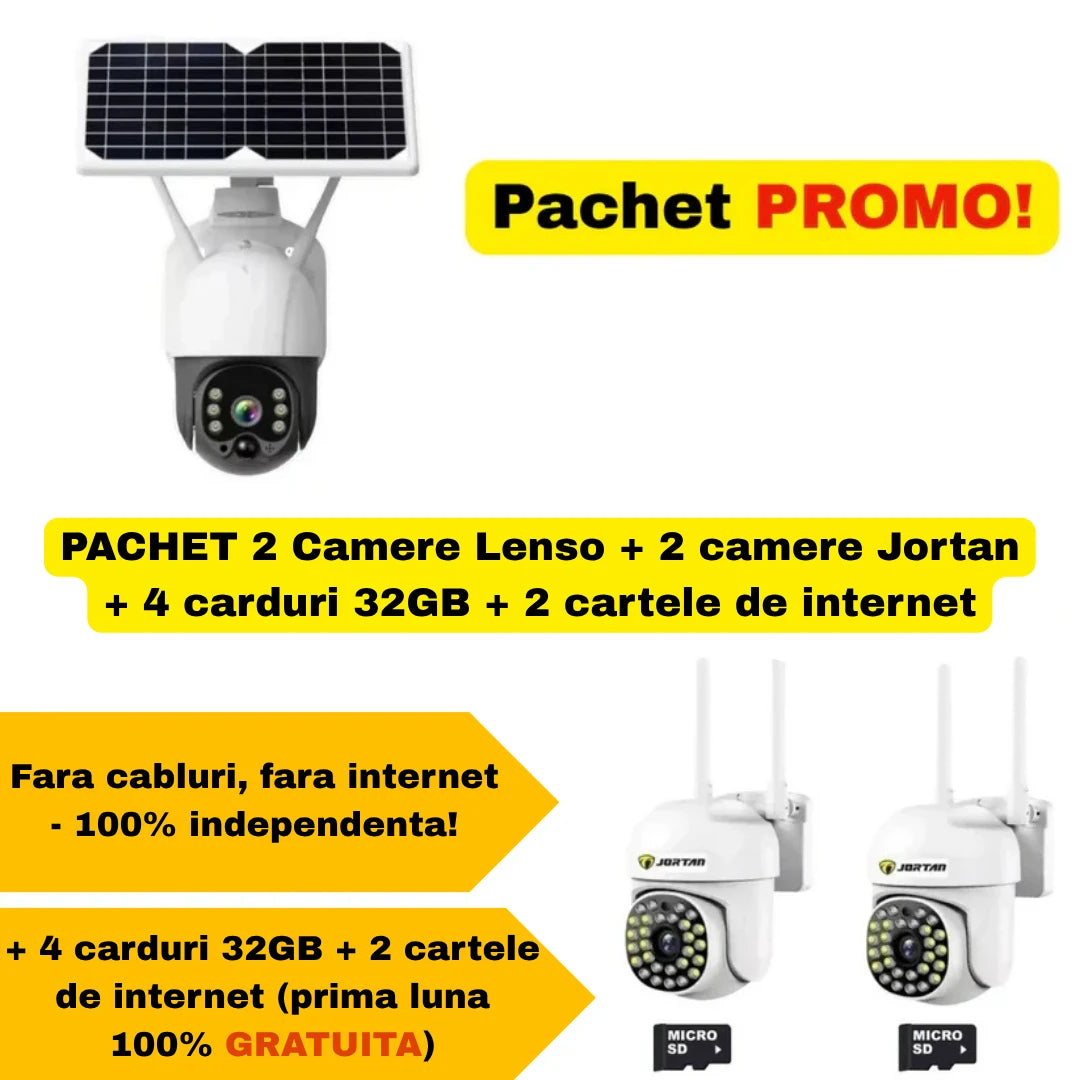 PACHET 2 Camere Lenso + 2 camere Jortan + 4 carduri 32GB + 2 cartele de internet
