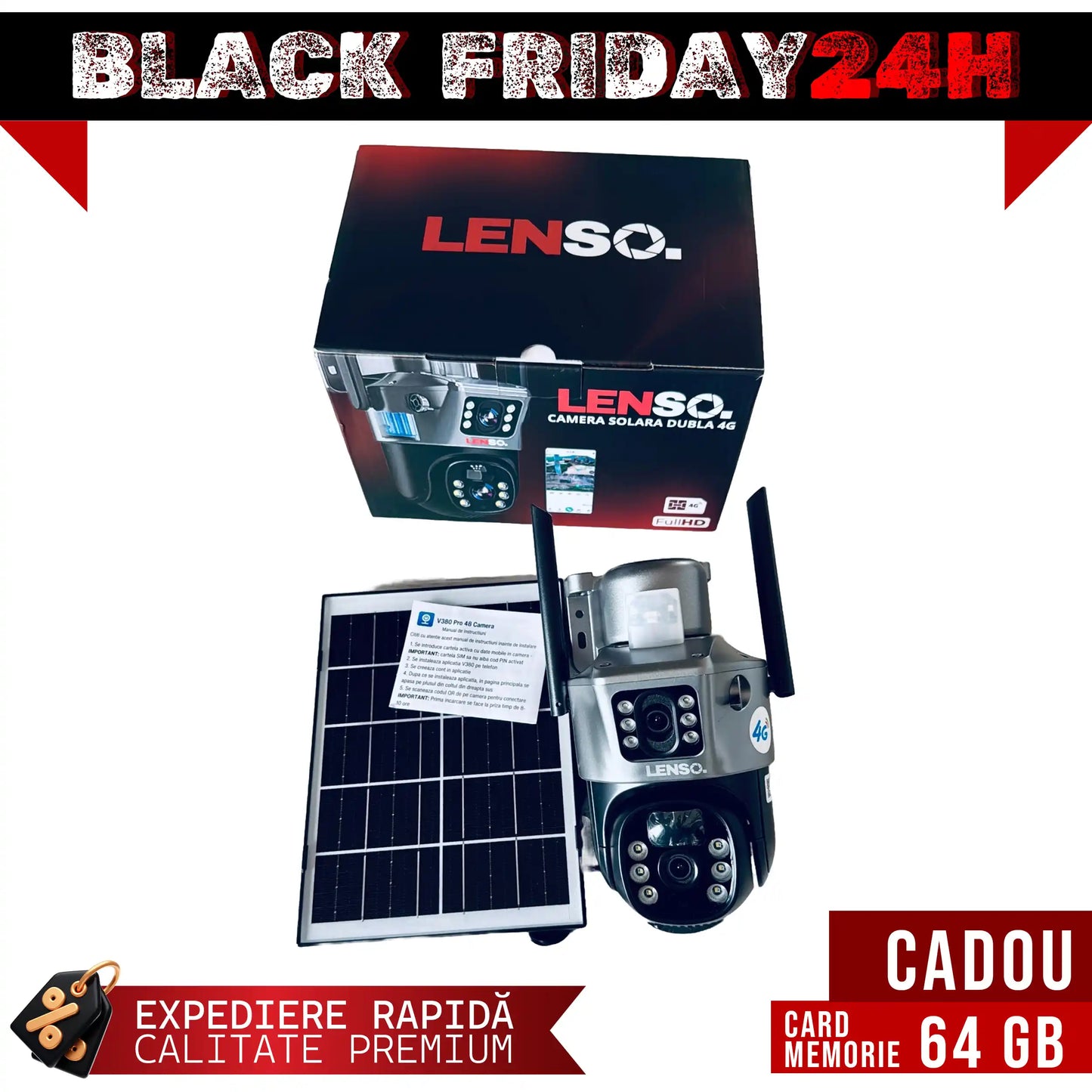 Camera Supraveghere LENSO 4G Dubla + CARD 64GB