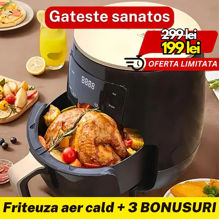 Friteuza cu aer cald AirFryer 3000W, capacitate 6L si afisaj digital + 100 hartii de copt cadou