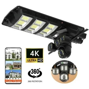PACHET Lampă Solară cu Cameră de Supraveghere XL SIM 4G + Camera de Supraveghere WIFI 5K, 12MP, 3 lentile, 3 ecrane + Card 128 GB + Cartelă YOXO!