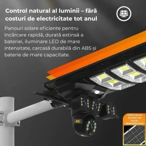 PACHET Lampă Solară cu Cameră de Supraveghere XL SIM 4G + Camera de Supraveghere WIFI 5K, 12MP, 3 lentile, 3 ecrane + Card 128 GB + Cartelă YOXO!
