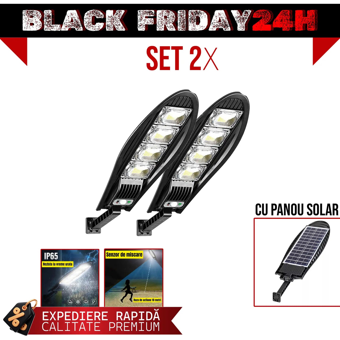 SET 2 x Lampa Stradala 1200W, Incarcare Solara, 55 CM