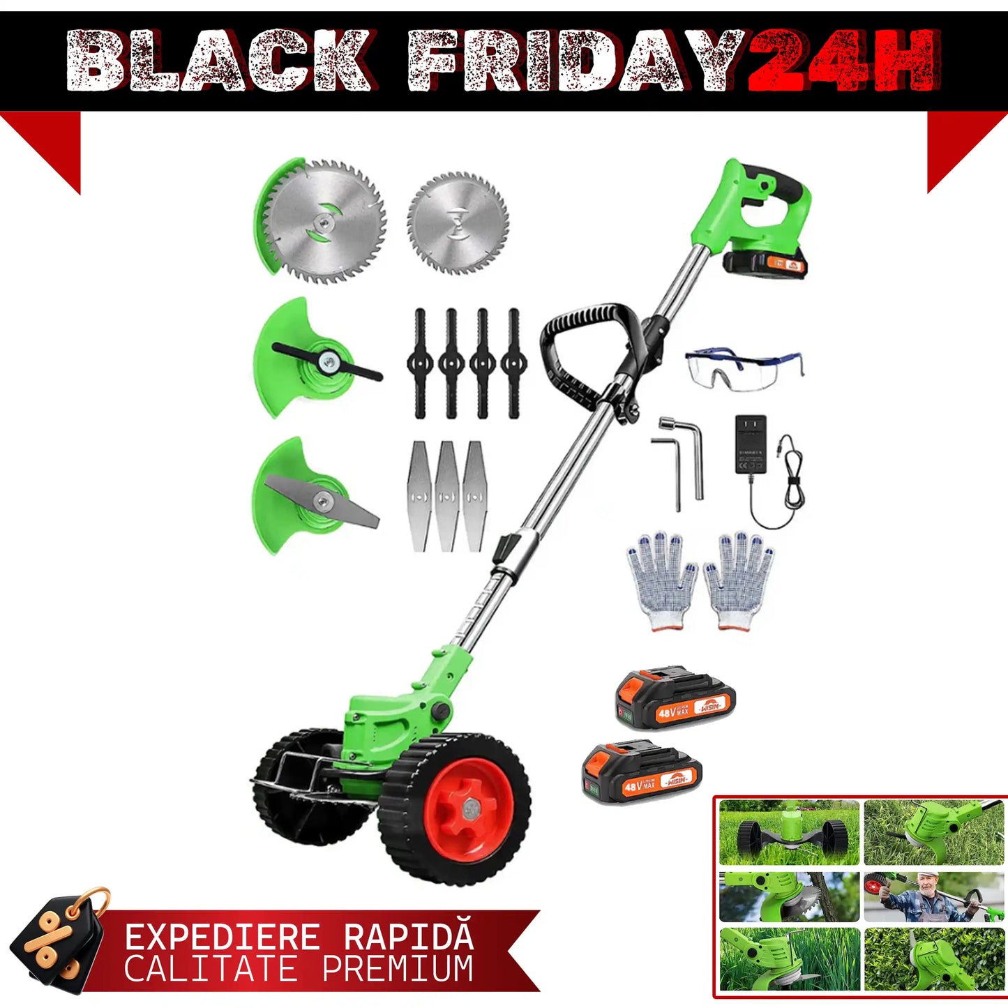 Motocoasă electrică cu roti 48V, 6000 mAh, 20000 RPM, cu acumulatori