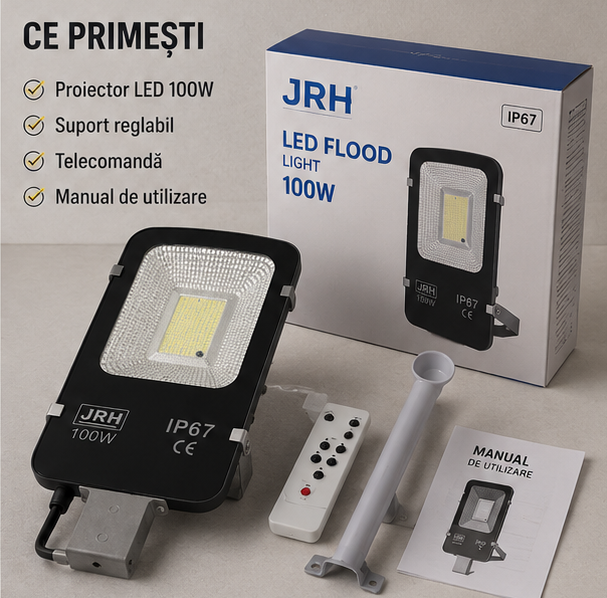Proiector LED +PANOU Solar 100W IP67 – Iluminare puternică pentru exterior