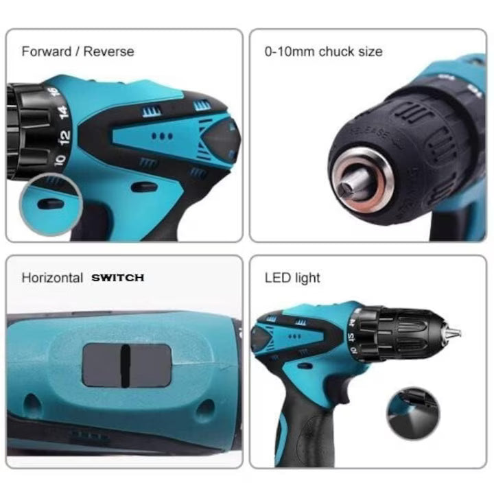 Trusa cu surubelnita electrica fara fir, cu 2 acumulatori, 48V, cu 24 de accesorii incluse, 2 viteze, albastru