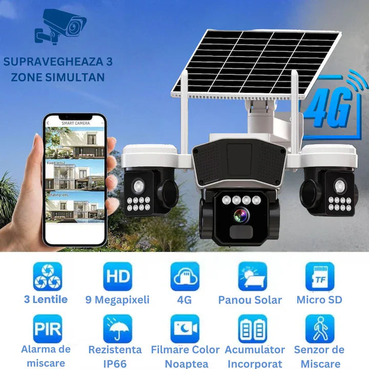 Camera de supraveghere EXTRATERESTRU 3 in 1 cu panou solar, conexiune SIM 4G, 9MP
