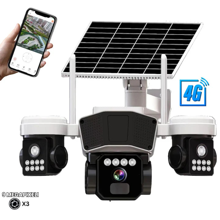 Camera de supraveghere EXTRATERESTRU 3 in 1 cu panou solar, conexiune SIM 4G, 9MP