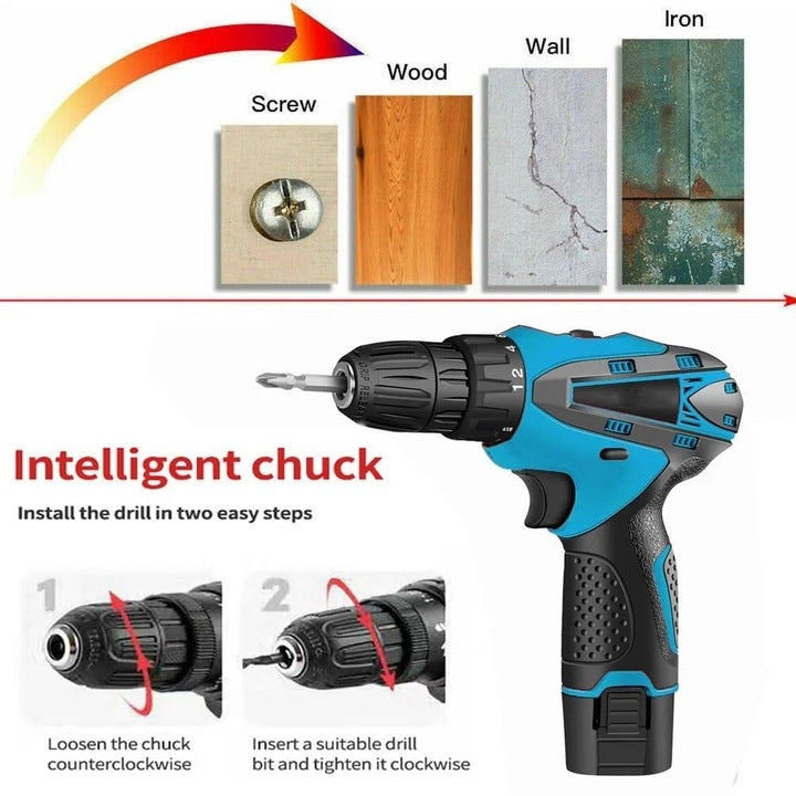 Trusa cu surubelnita electrica fara fir, cu 2 acumulatori, 48V, cu 24 de accesorii incluse, 2 viteze, albastru