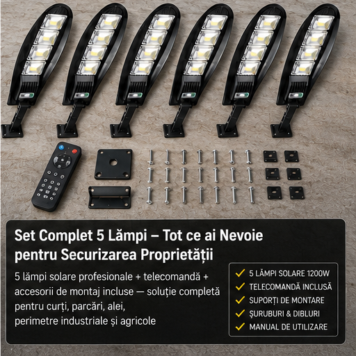 SET 5x Lampa Stradala 1200W, Incarcare Solara