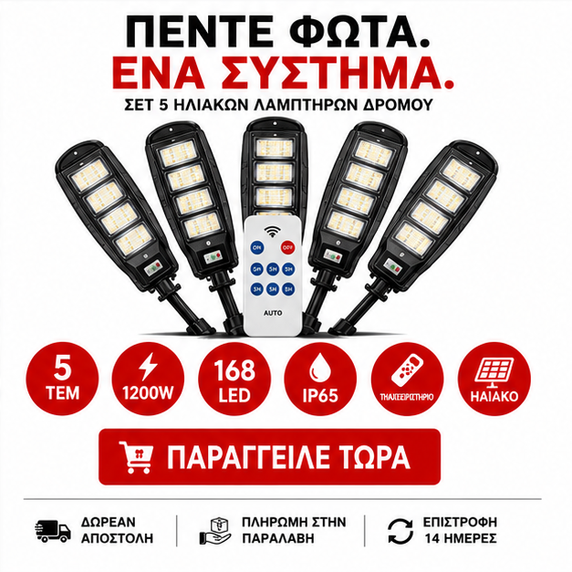 SET 5x Lampa Stradala 1200W, Incarcare Solara