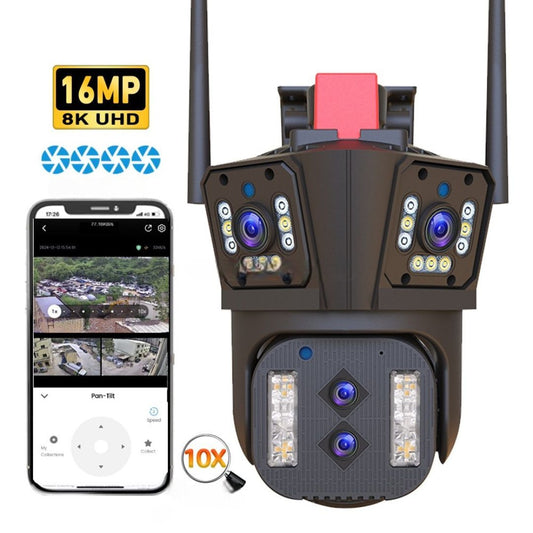 Cameră de Supraveghere Cvadruplă WiFi 16MP, 8K Ultra HD, Zoom Optic 10X, PTZ 360°, Lentile Ultra-Wide, Night Vision, AI Tracking, Comunicare Bidirecțională, Senzor de Mișcare, Exterior/Interior