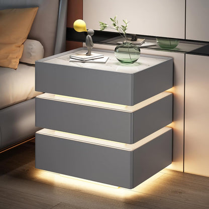 Noptiera smart multifunctionala cu led, incarcare wireless, bluetooth, 3 sertare, design modern, dim 72x50x40, Gri deschis