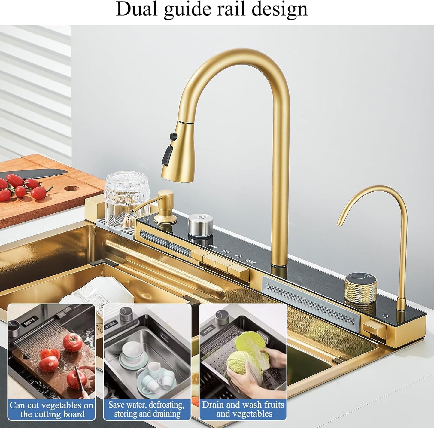 Chiuveta Bucatarie Multifunctionala cu LED, Inox, Auriu