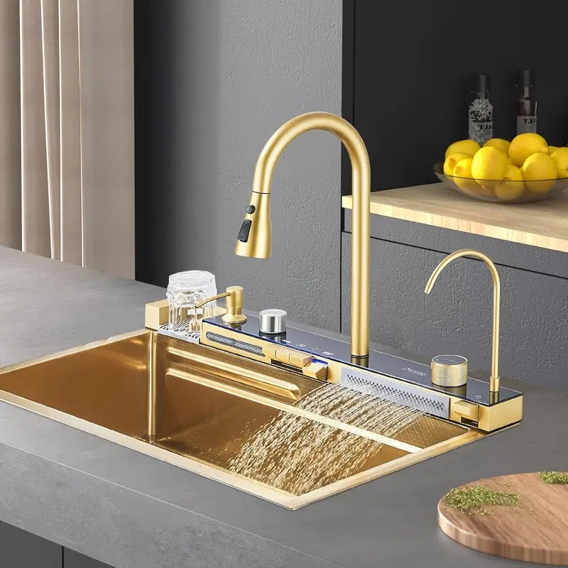 Chiuveta Bucatarie Multifunctionala cu LED, Inox, Auriu