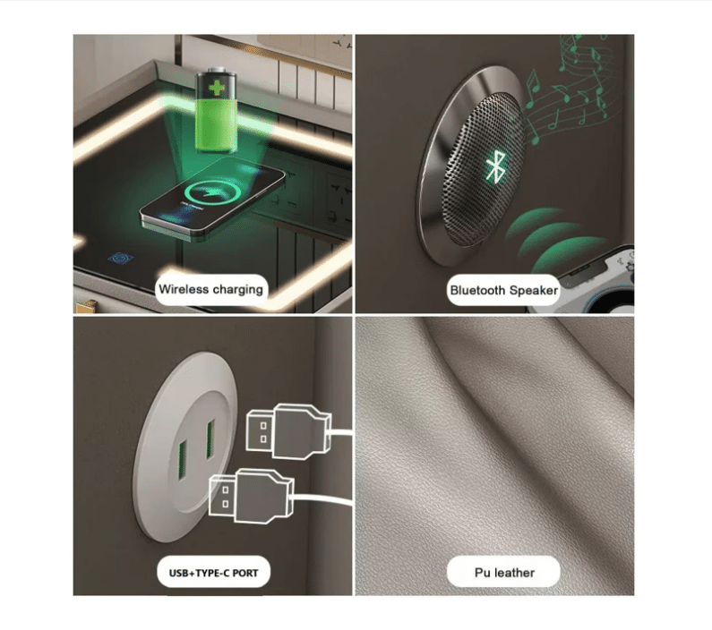 Noptiera inteligenta cu incarcare wireless, lumini LED regla