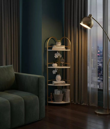 Raft decorativ de colt cu 4 rafturi - Design auriu cu efect 