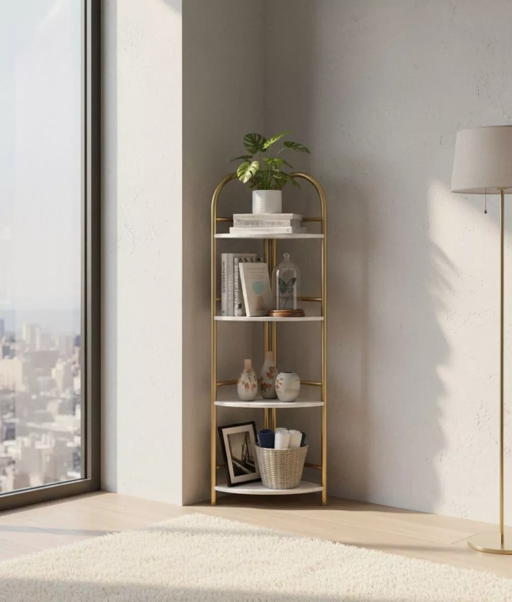 Raft decorativ de colt cu 4 rafturi - Design auriu cu efect 