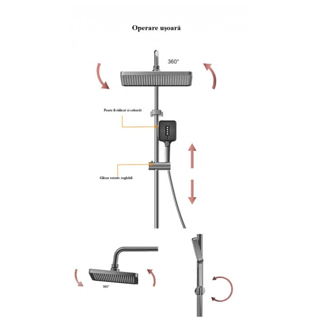 Set de Dus Lux Black - Cu Afisaj Digital si Functie Termostatica Rotire 360