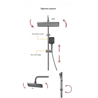 Set de Dus Lux Black - Cu Afisaj Digital si Functie Termostatica Rotire 360