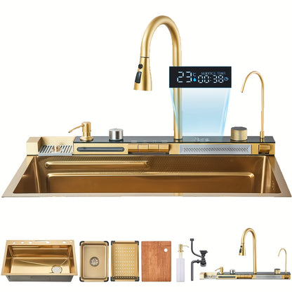 Chiuveta Bucatarie Multifunctionala cu LED, Inox, Auriu