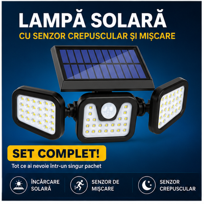 Lampa Solară cu LED Reglabil, Senzor Crepuscular și Senzor Mișcare