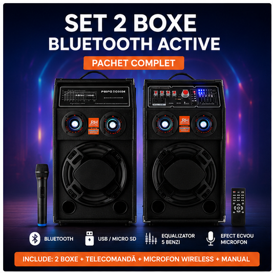 Set boxe active Bluetooth 500W EQ5+ MICROPHONE WIRELESS