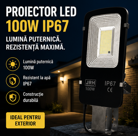 Proiector LED +PANOU Solar 100W IP67 – Iluminare puternică pentru exterior